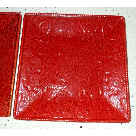 Rare HiEnd Accents Savanna Tooled Leather Look Salad Plates Stoneware  Set of 2 - Picture 7 of 9